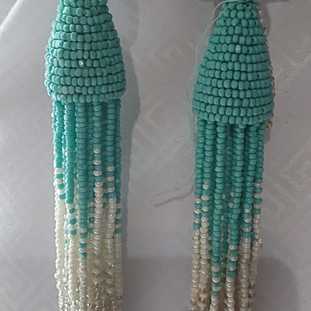 Signed Oscar de la Renta Degrade Turquoise and White Beaded Tassel Earrings